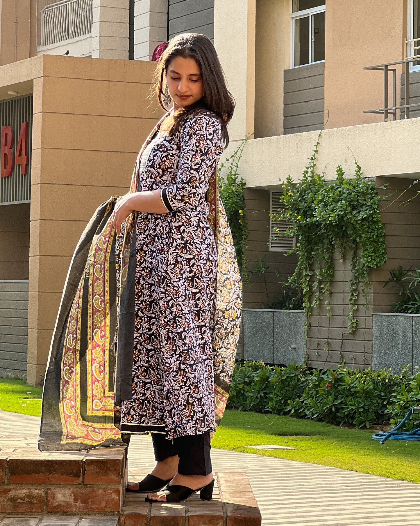 Black & Beige Rayon Printed Suit Set with Mulmul Dupatta