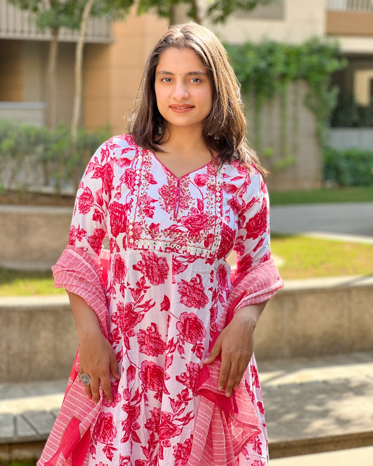 Pink Floral Rayon Kurti Set with Malmal Dupatta