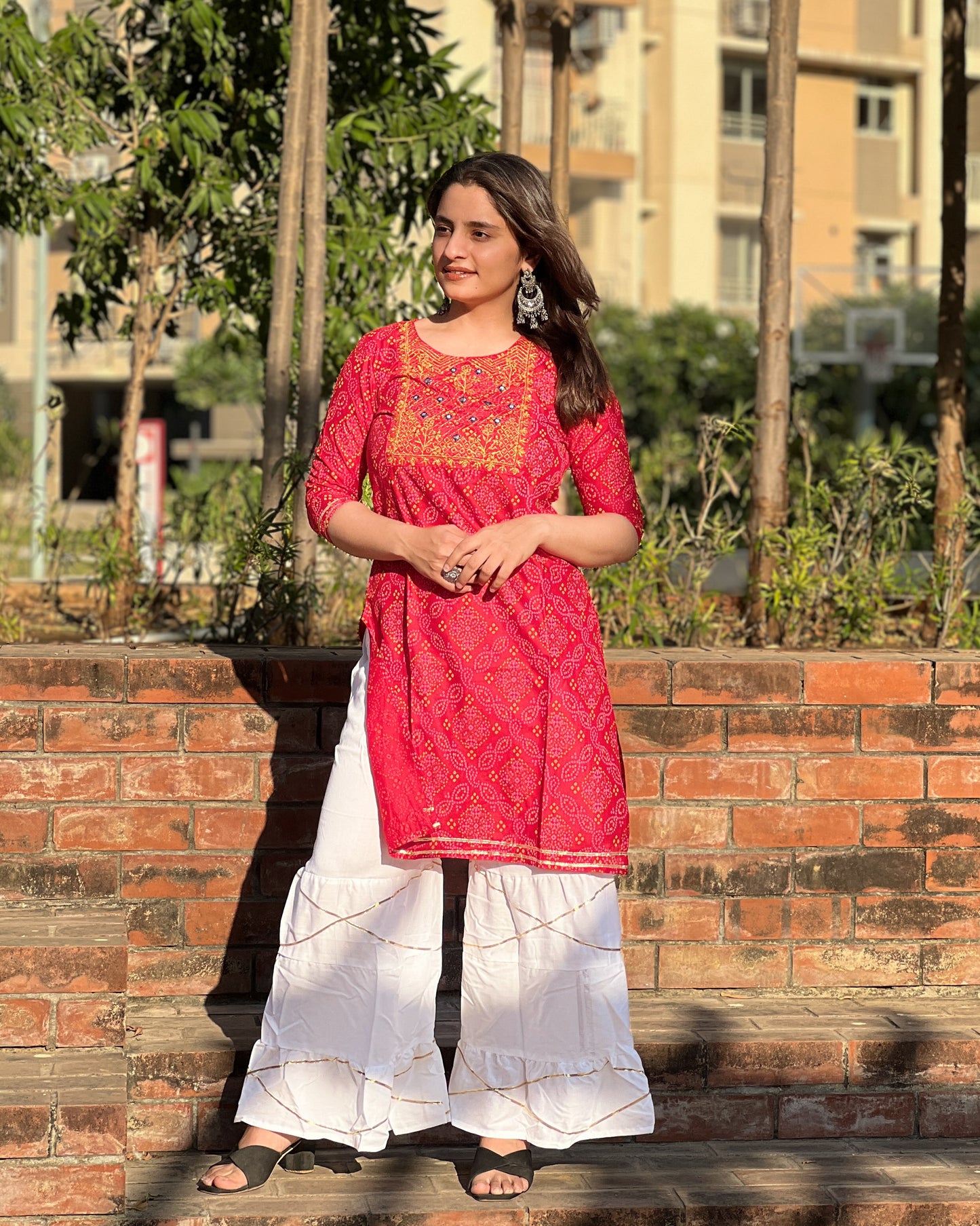 Red Embroidered Rayon Kurti Set with White Sharara