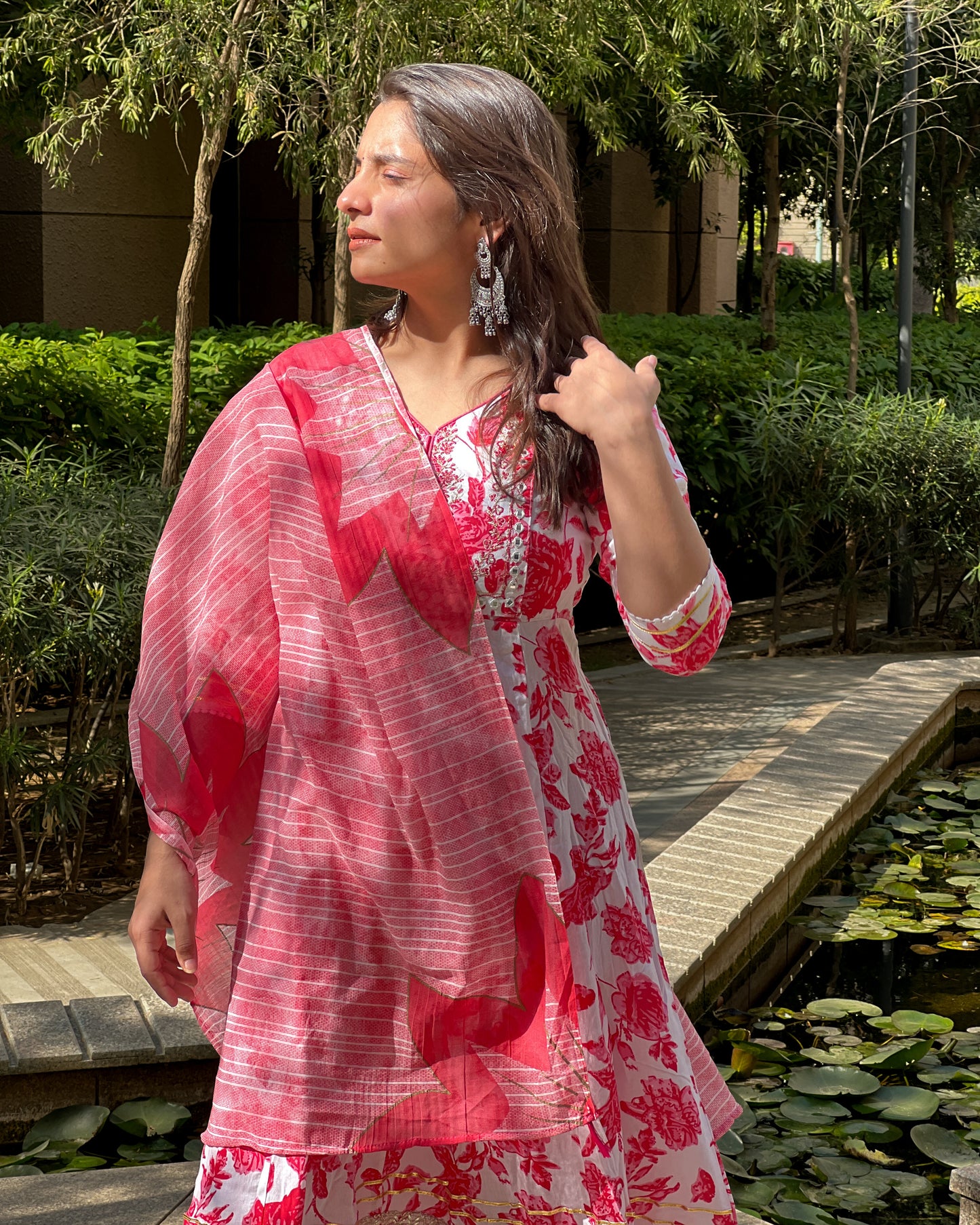 Pink Floral Rayon Kurti Set with Malmal Dupatta