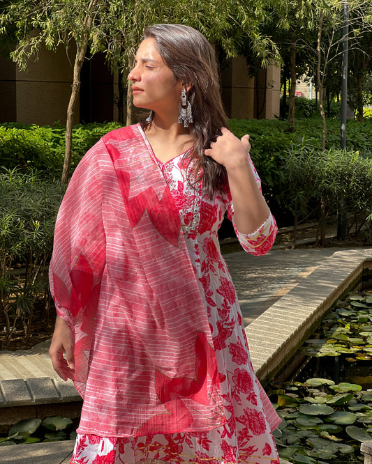 Pink Floral Rayon Kurti Set with Malmal Dupatta