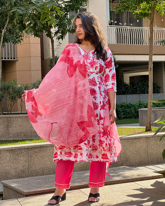 Pink Floral Rayon Kurti Set with Malmal Dupatta