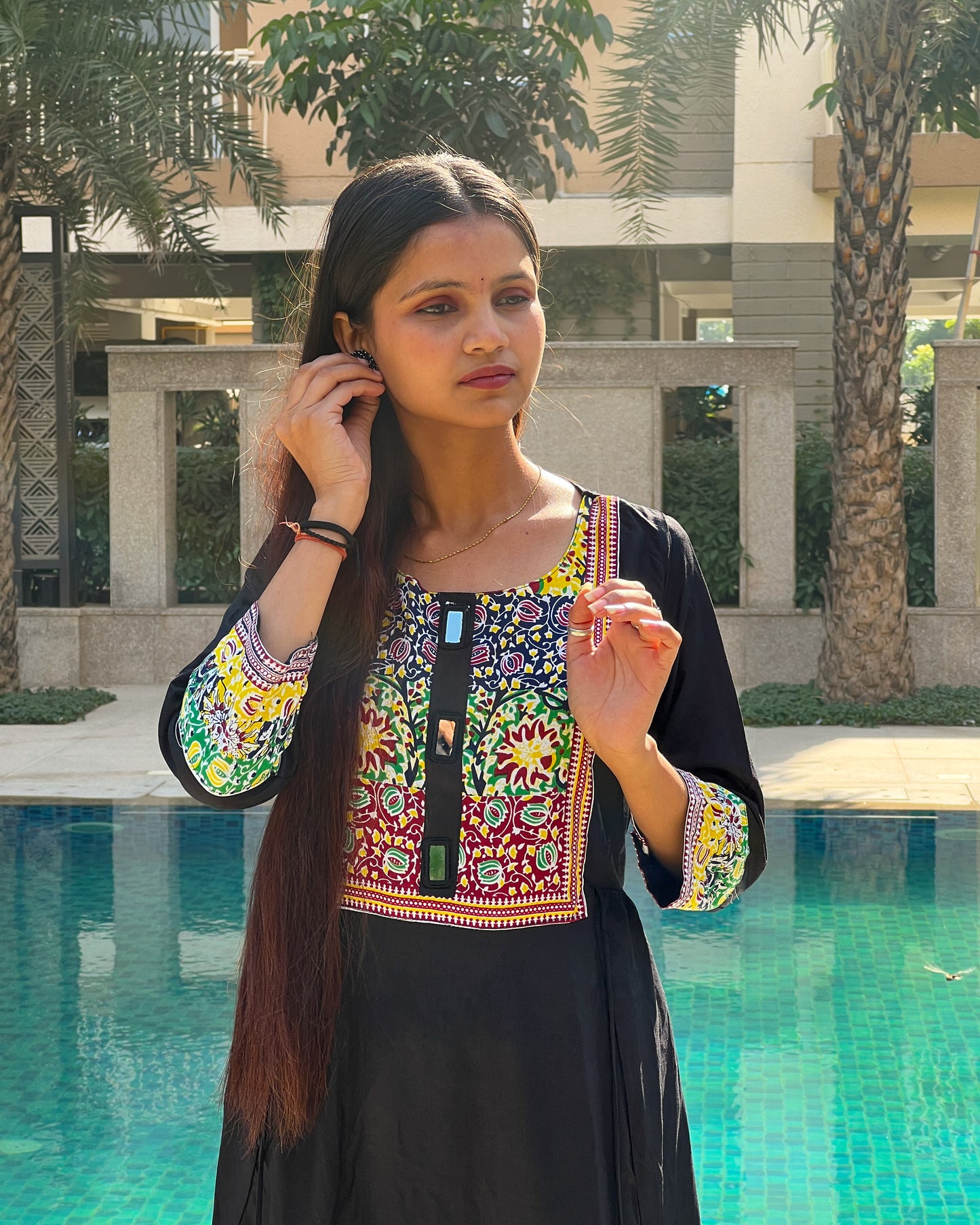 Black Multicolour Embroidered Rayon Kurti Set with Pants