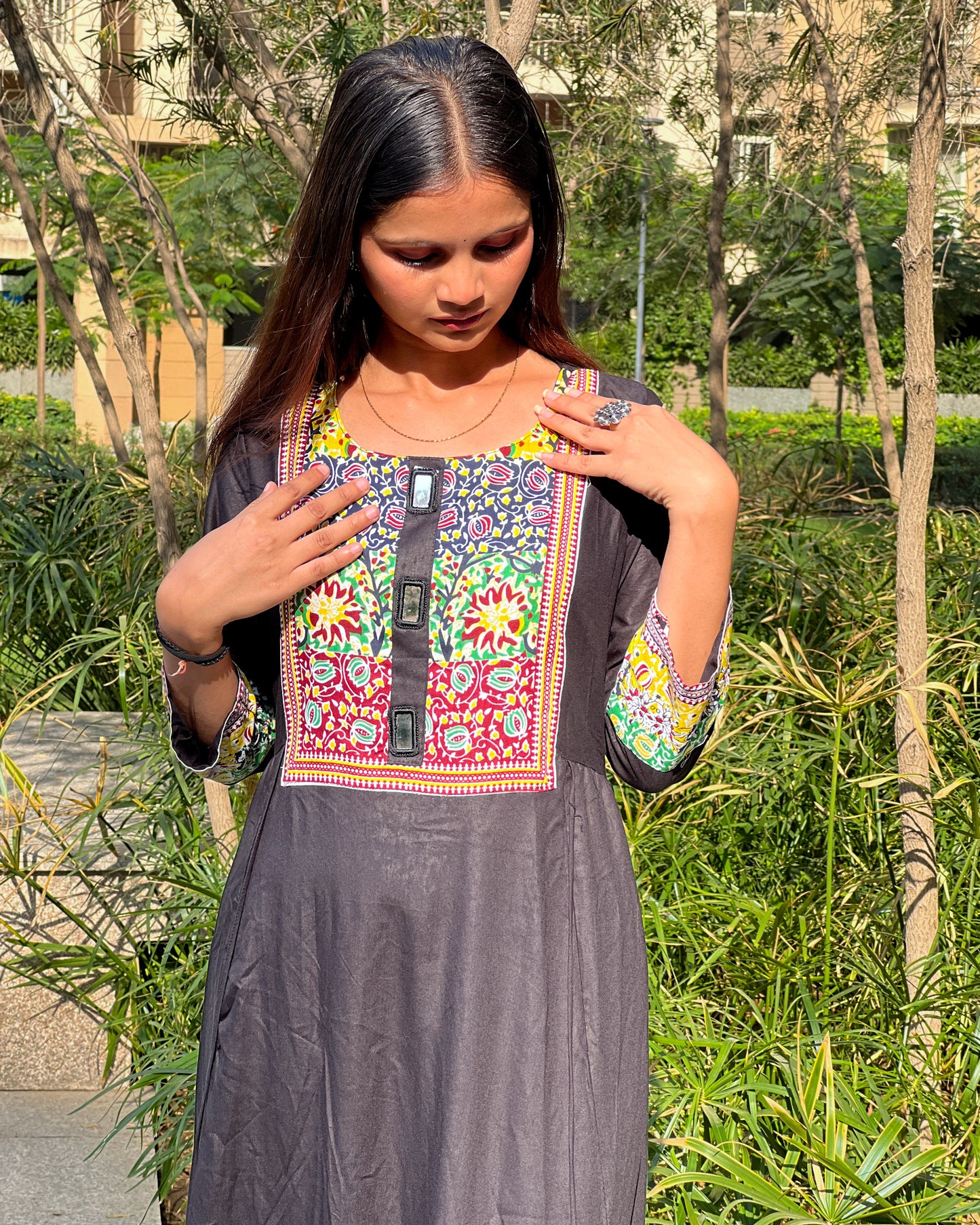 Black Multicolour Embroidered Rayon Kurti Set with Pants