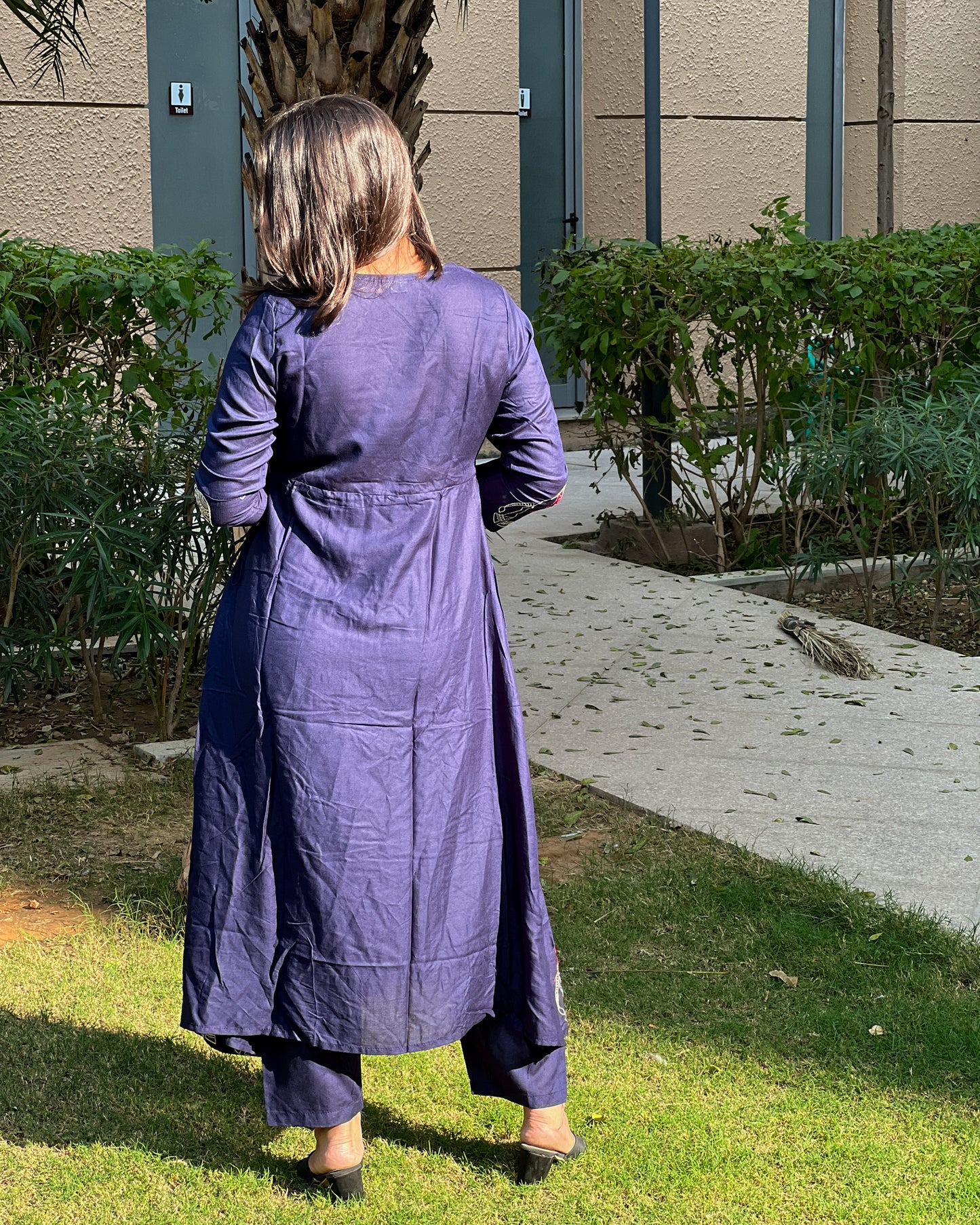 Navy Blue Embroidered Rayon Kurti Set with Pants