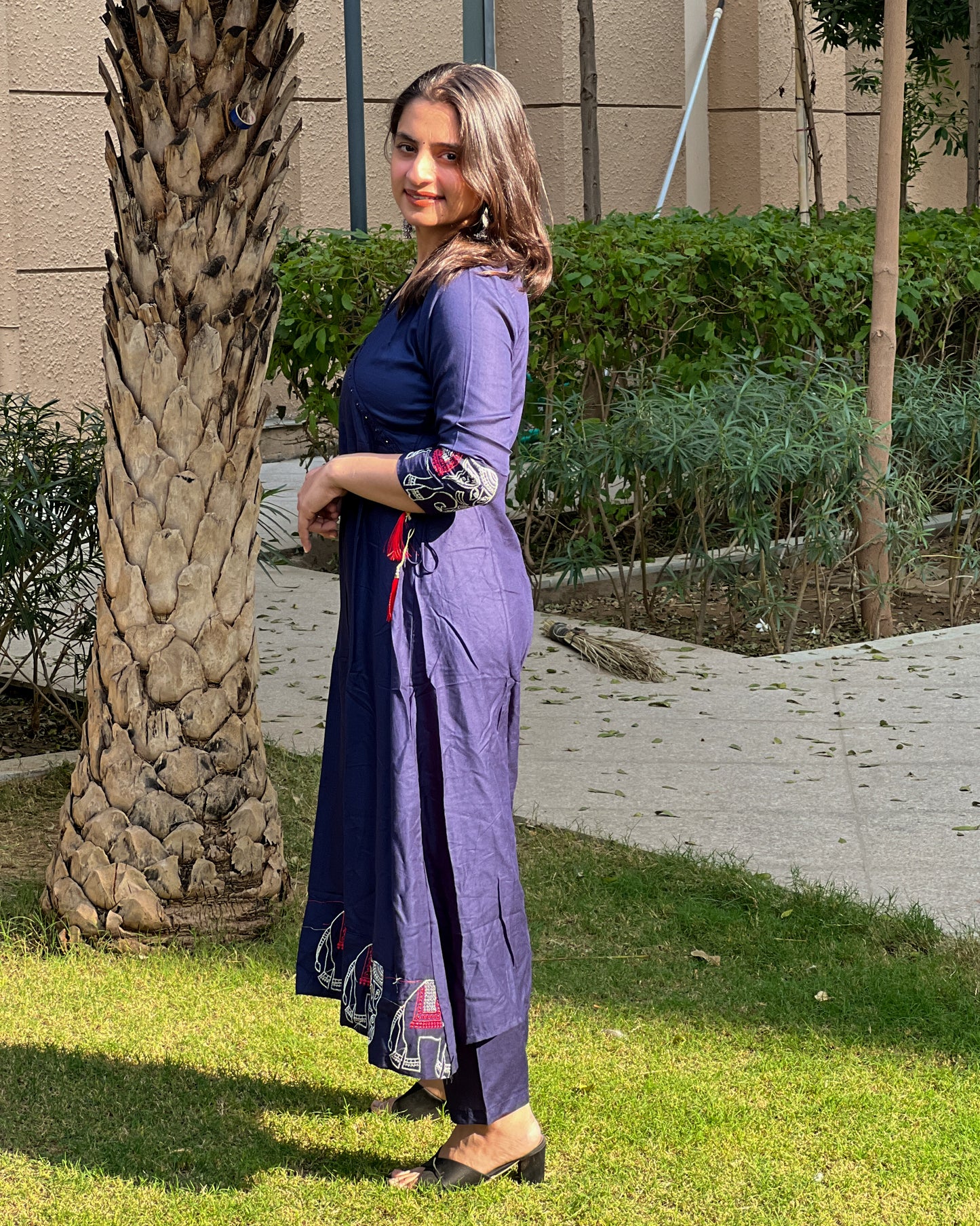 Navy Blue Embroidered Rayon Kurti Set with Pants