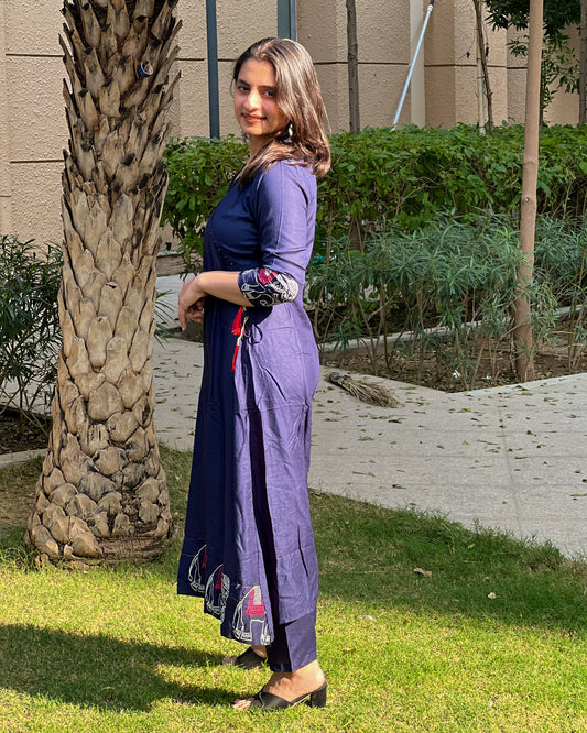 Navy Blue Embroidered Rayon Kurti Set with Pants