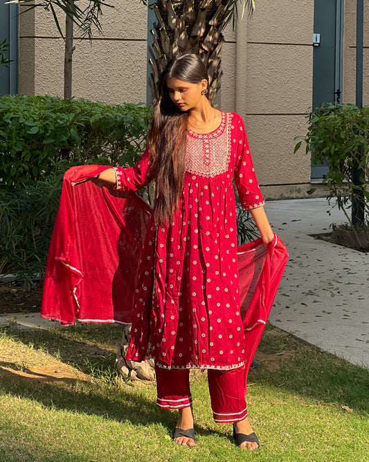 Maroon Embroidered Rayon Kurti Set with Chiffon Dupatta