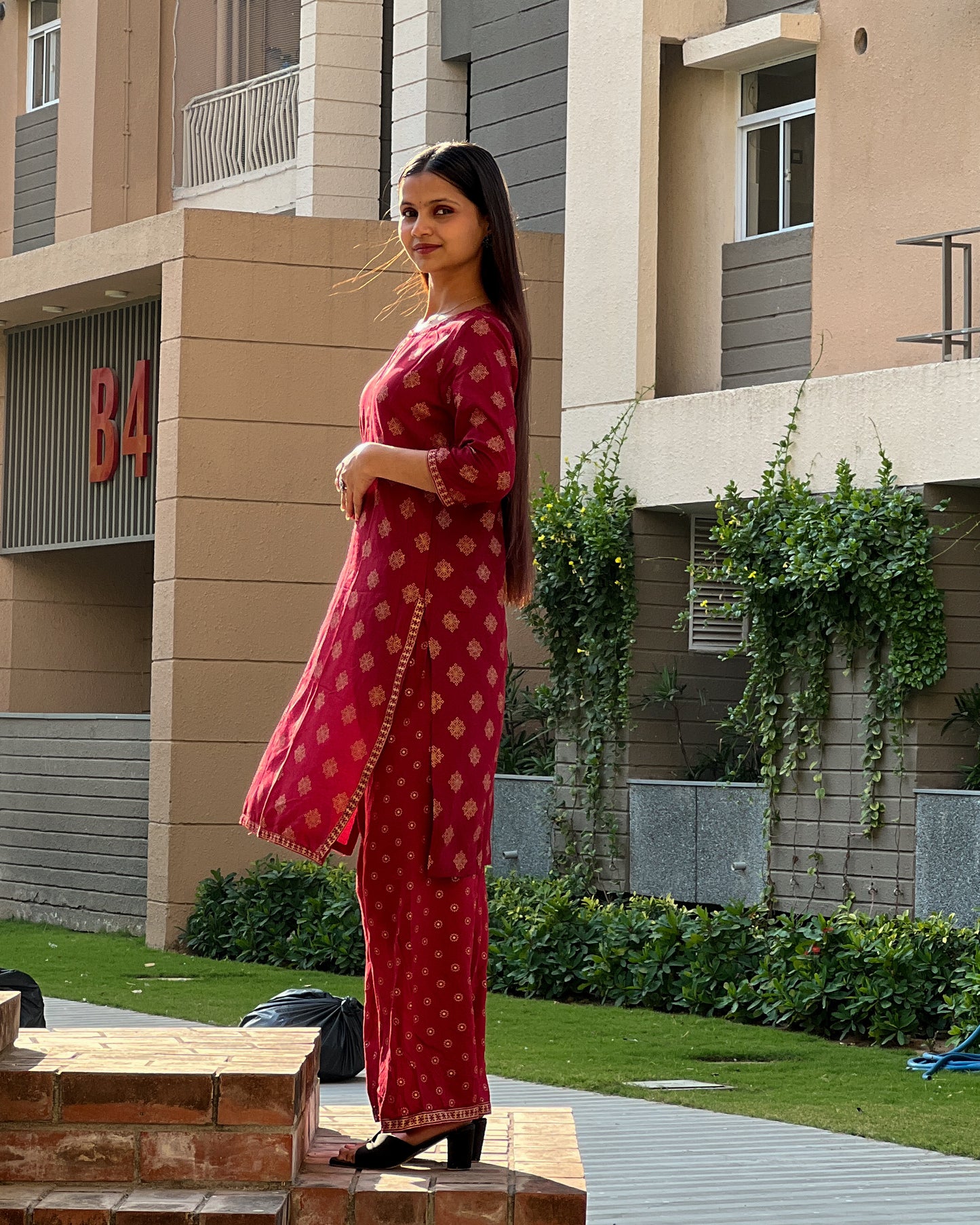 Maroon Gold-Print Rayon Kurti Set with Pants