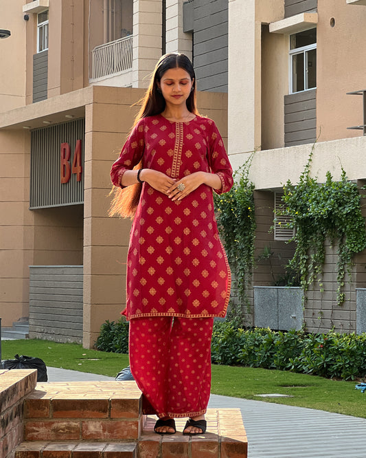 Maroon Gold-Print Rayon Kurti Set with Pants