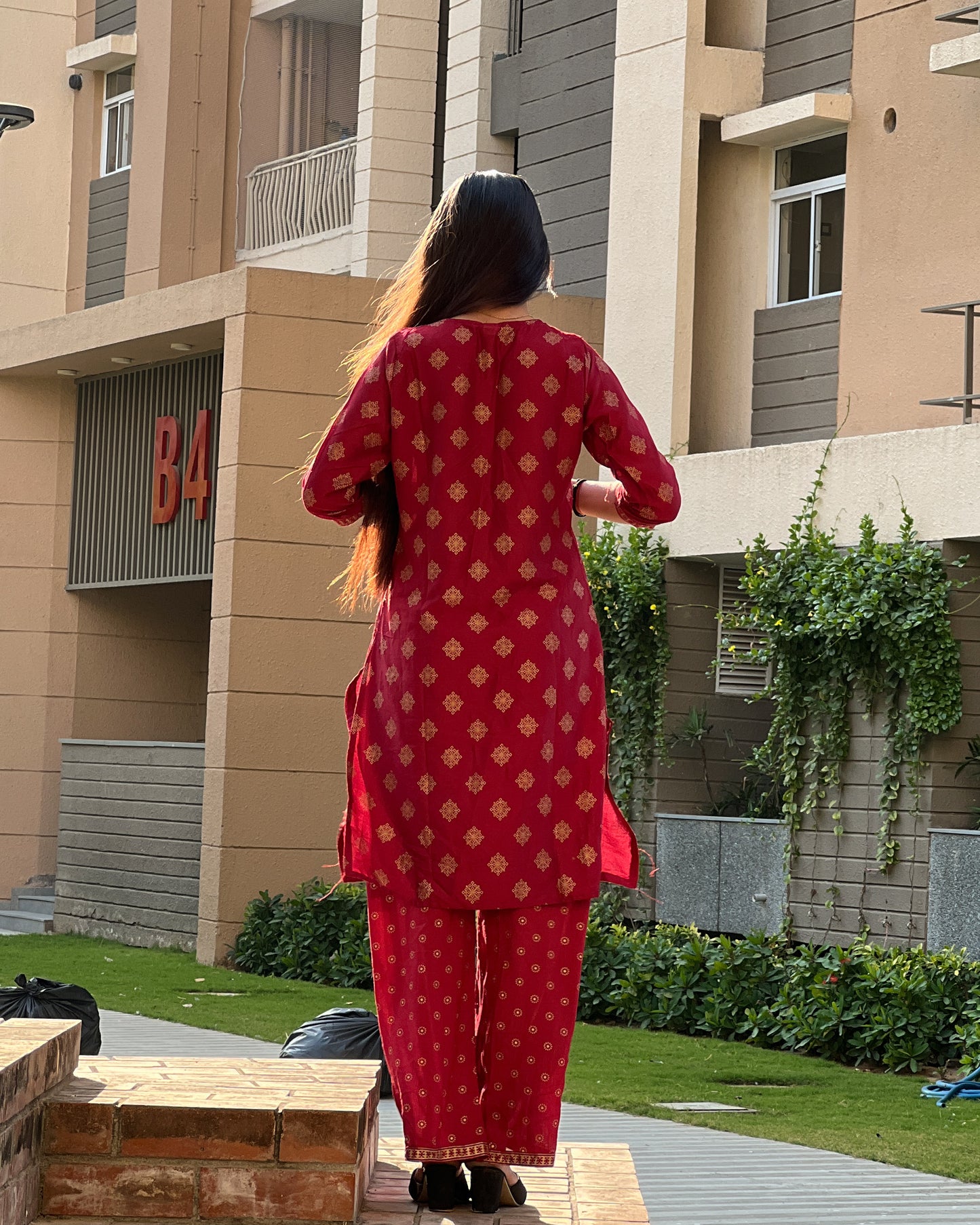 Maroon Gold-Print Rayon Kurti Set with Pants