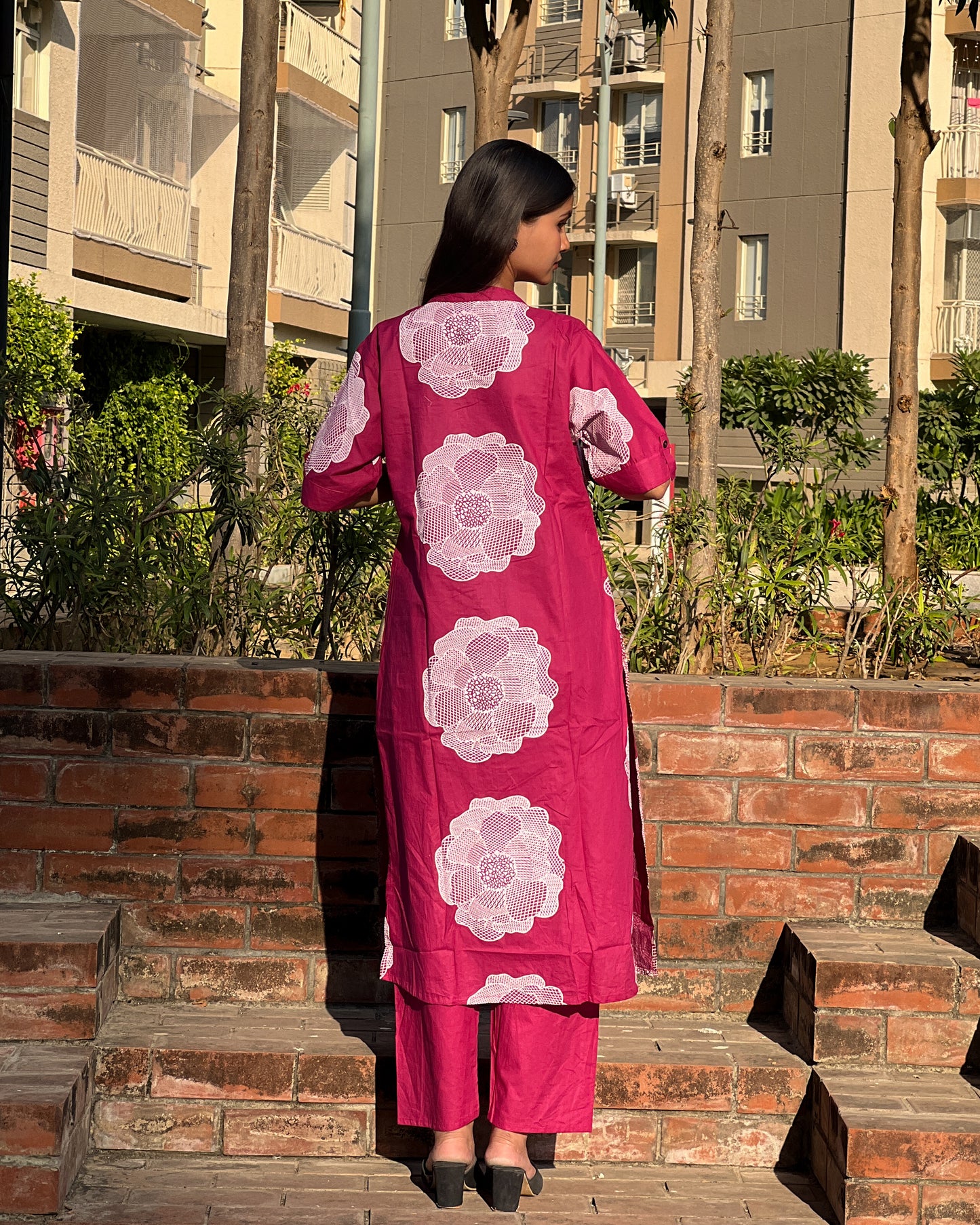 Wine Cotton Printed Kurti Set with Matching Pants