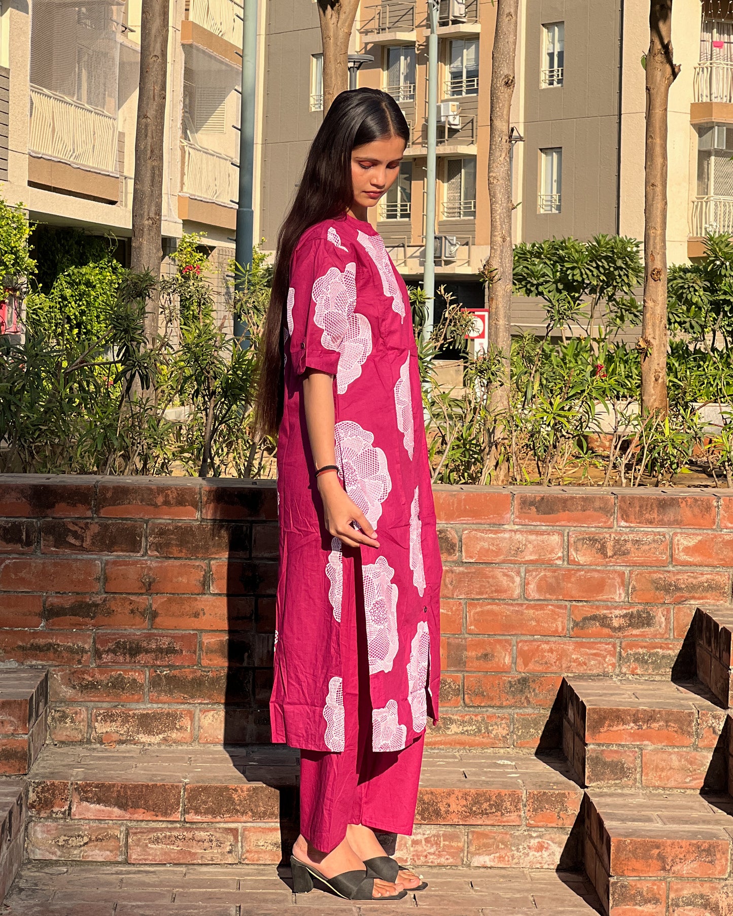 Wine Cotton Printed Kurti Set with Matching Pants