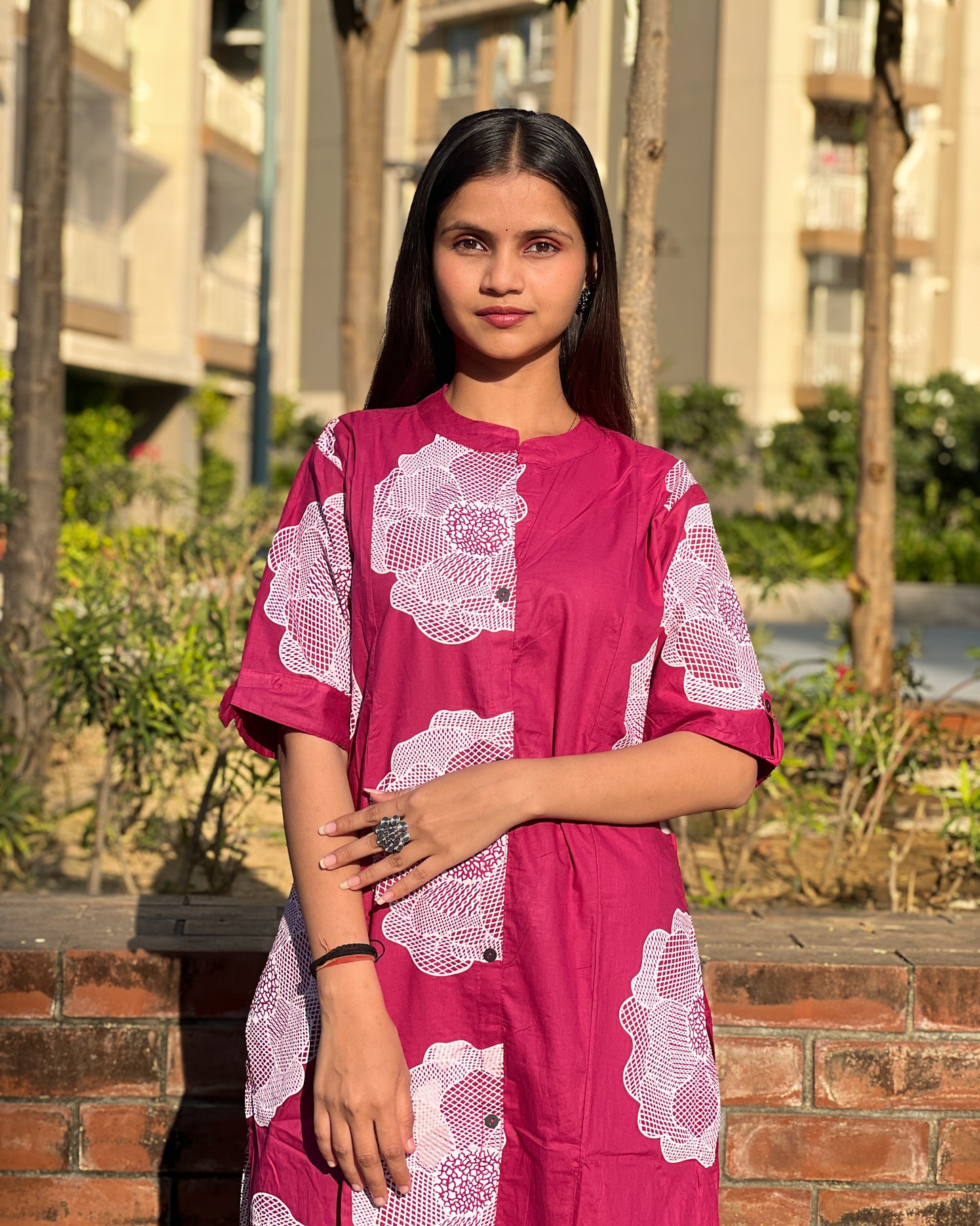 Wine Cotton Printed Kurti Set with Matching Pants