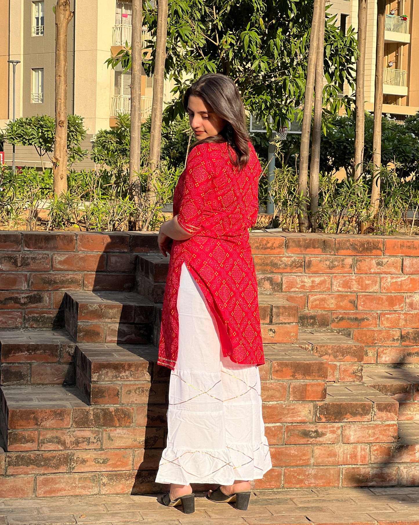 Red Embroidered Rayon Kurti Set with White Sharara
