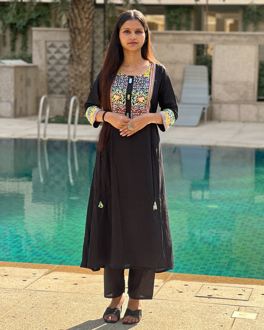 Black Multicolour Embroidered Rayon Kurti Set with Pants