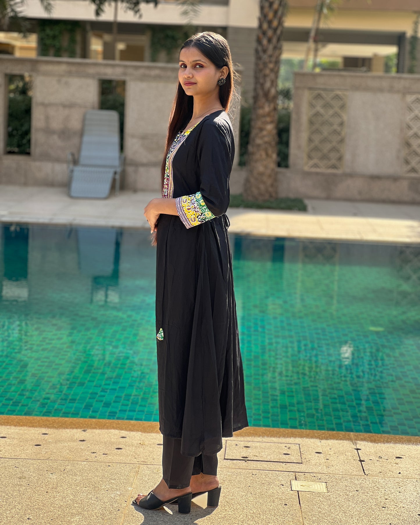 Black Multicolour Embroidered Rayon Kurti Set with Pants