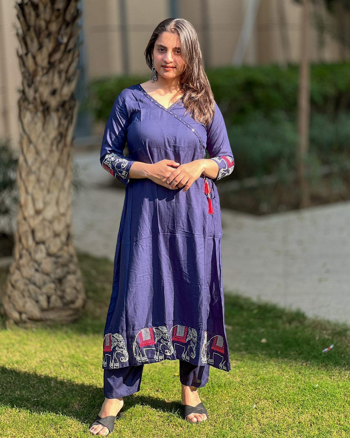 Navy Blue Embroidered Rayon Kurti Set with Pants