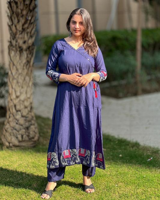 Navy Blue Embroidered Rayon Kurti Set with Pants