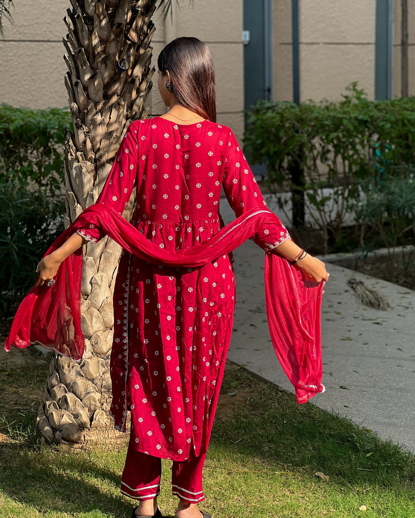 Maroon Embroidered Rayon Kurti Set with Chiffon Dupatta