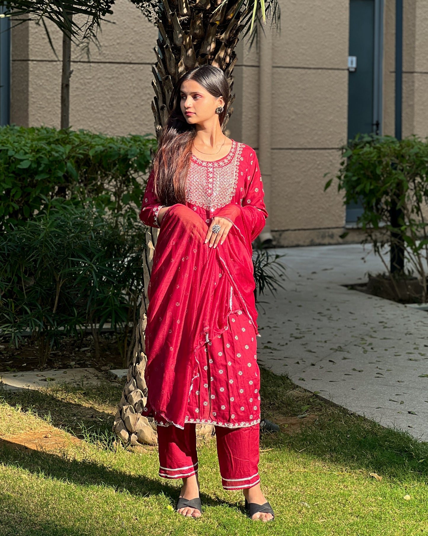 Maroon Embroidered Rayon Kurti Set with Chiffon Dupatta