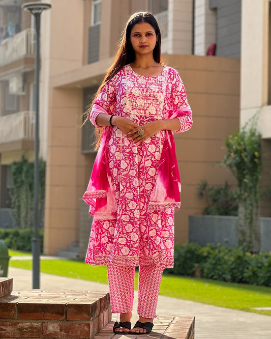 Blossom Pink Rayon Ethnic Printed Suit Set with Chiffon Dupatta