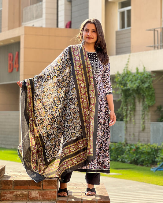 Black & Beige Rayon Printed Suit Set with Mulmul Dupatta
