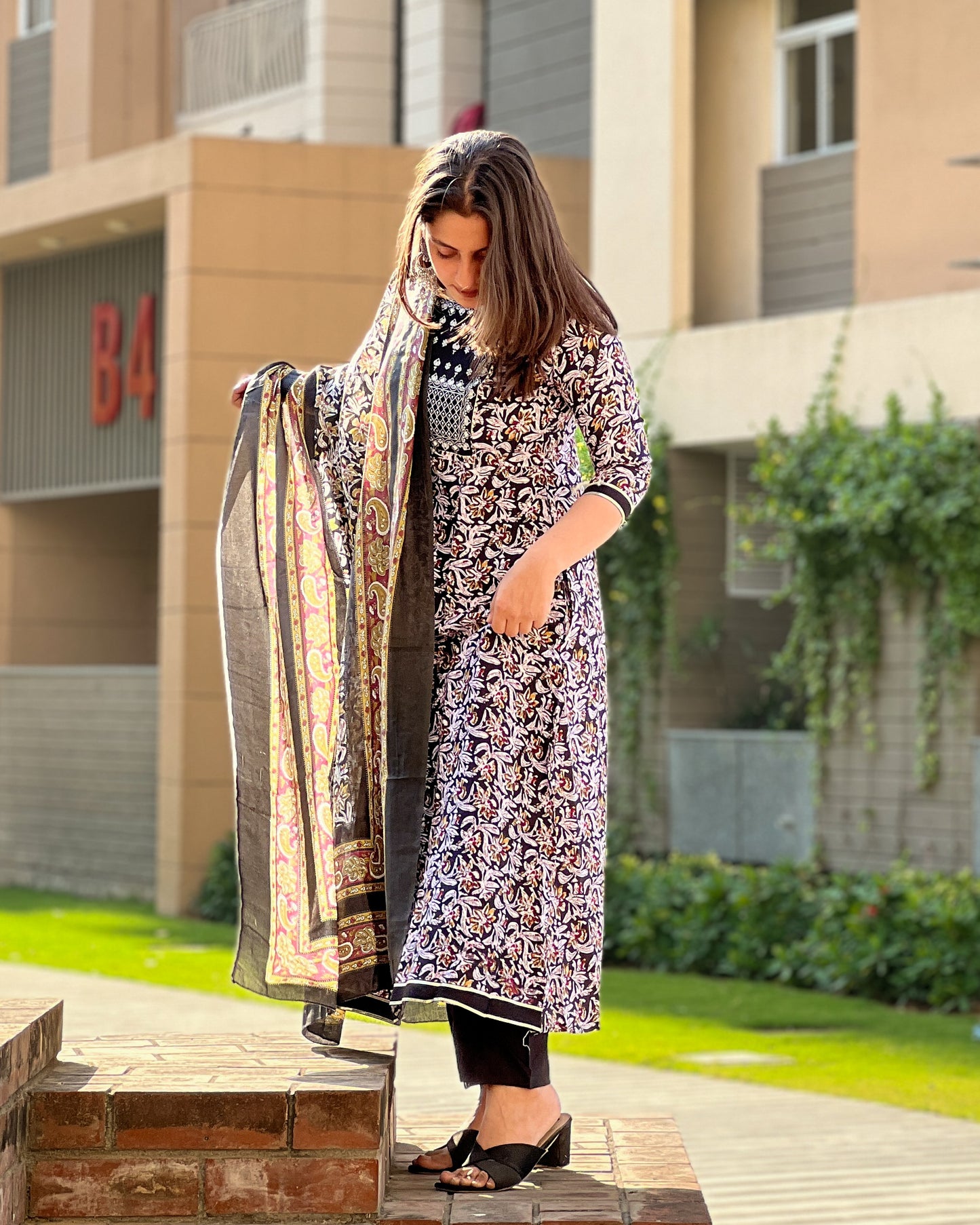Black & Beige Rayon Printed Suit Set with Mulmul Dupatta