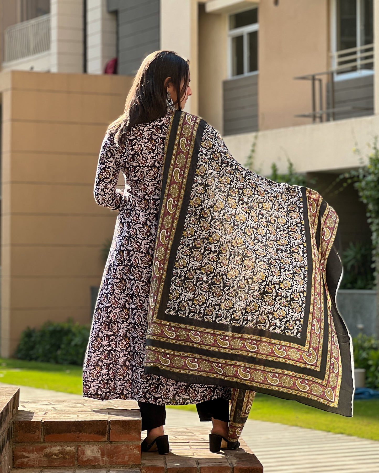 Black & Beige Rayon Printed Suit Set with Mulmul Dupatta