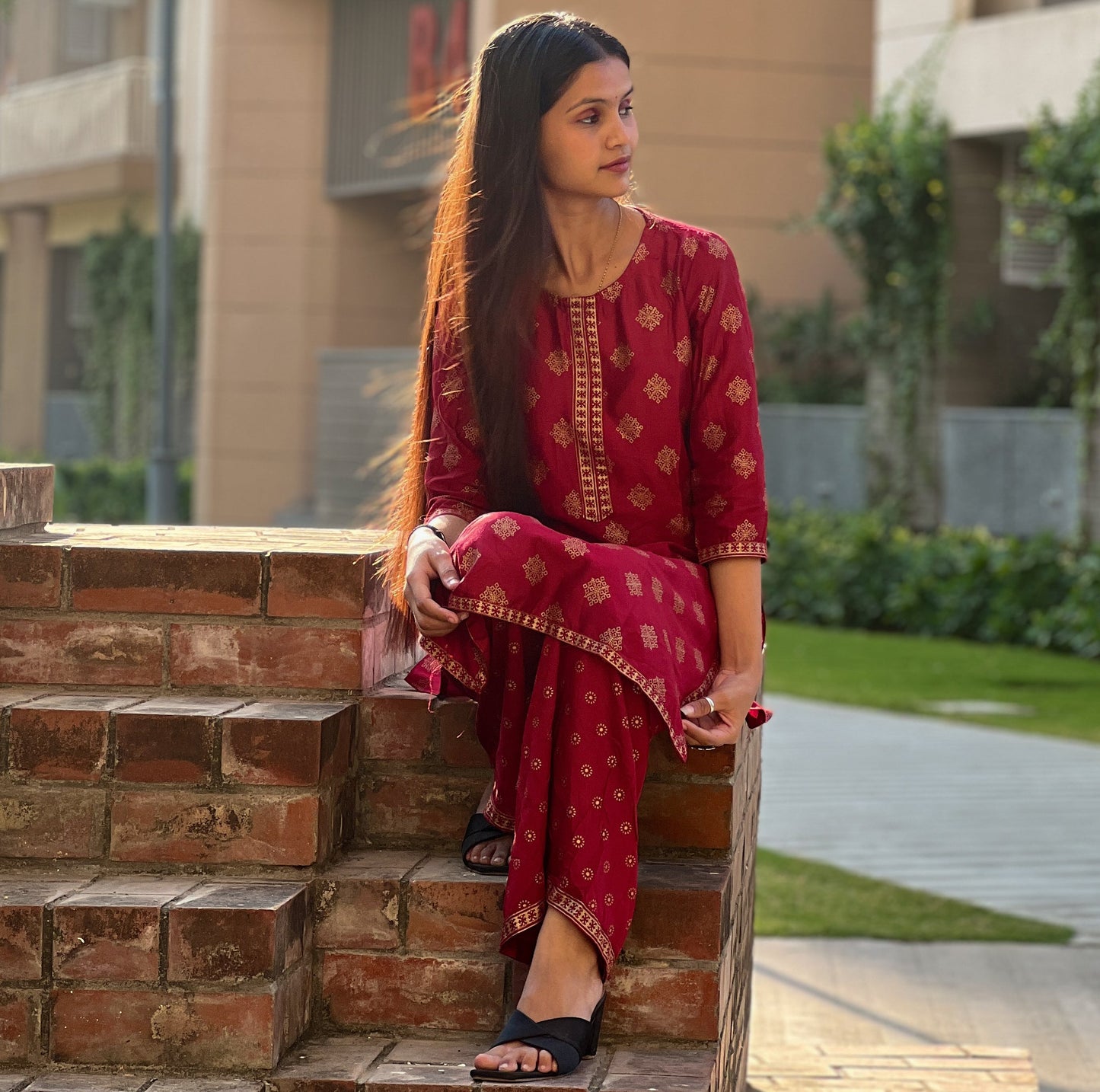 Maroon Gold-Print Rayon Kurti Set with Pants