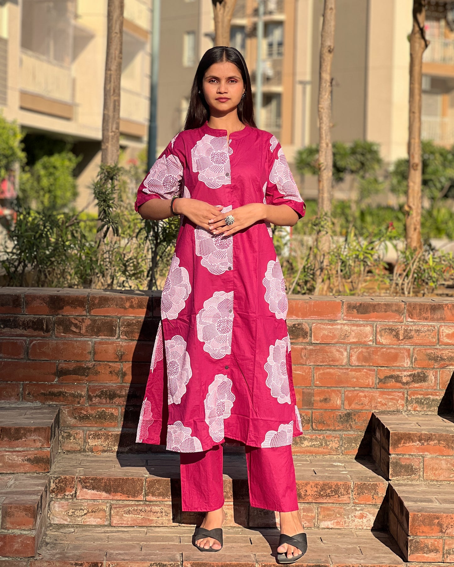 Wine Cotton Printed Kurti Set with Matching Pants