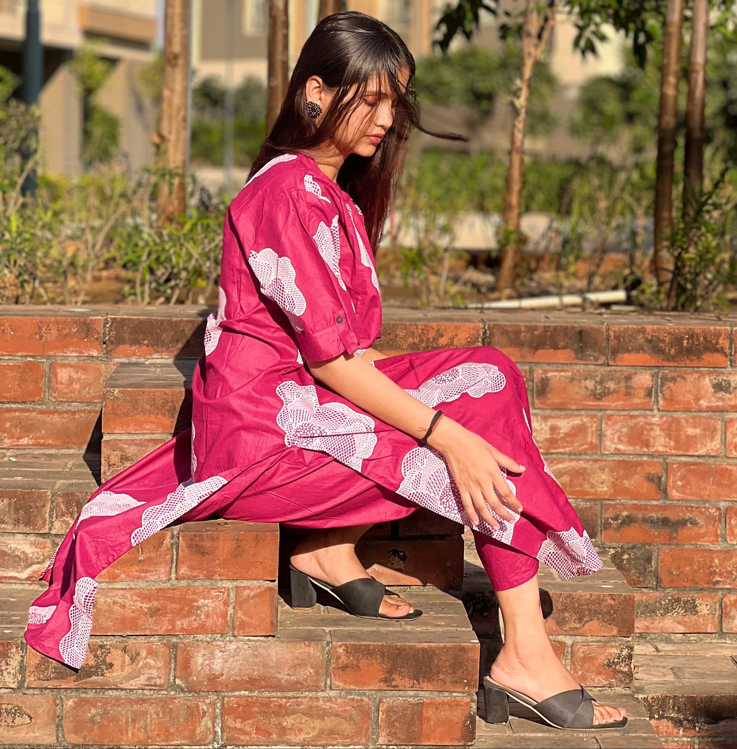Wine Cotton Printed Kurti Set with Matching Pants