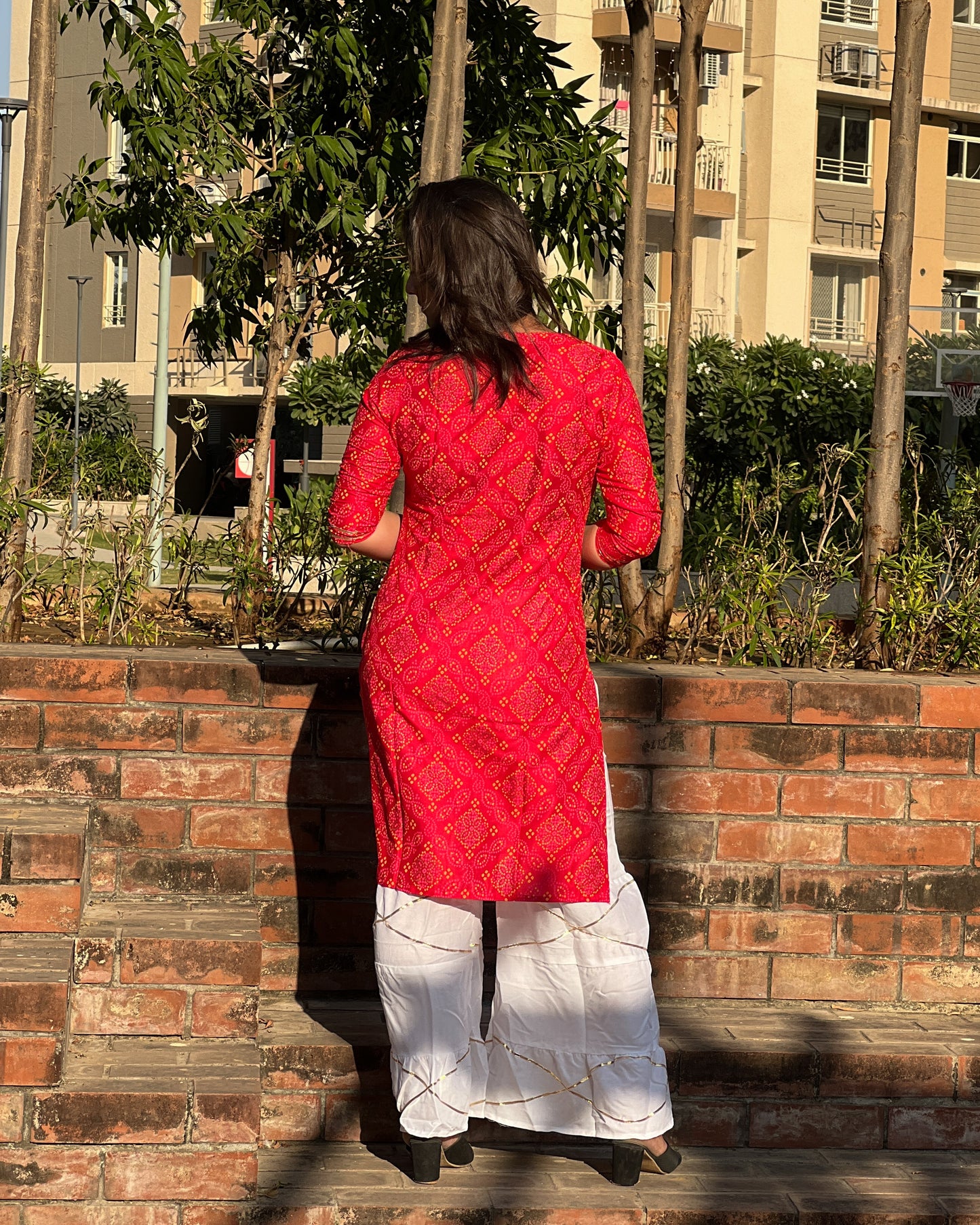 Red Embroidered Rayon Kurti Set with White Sharara