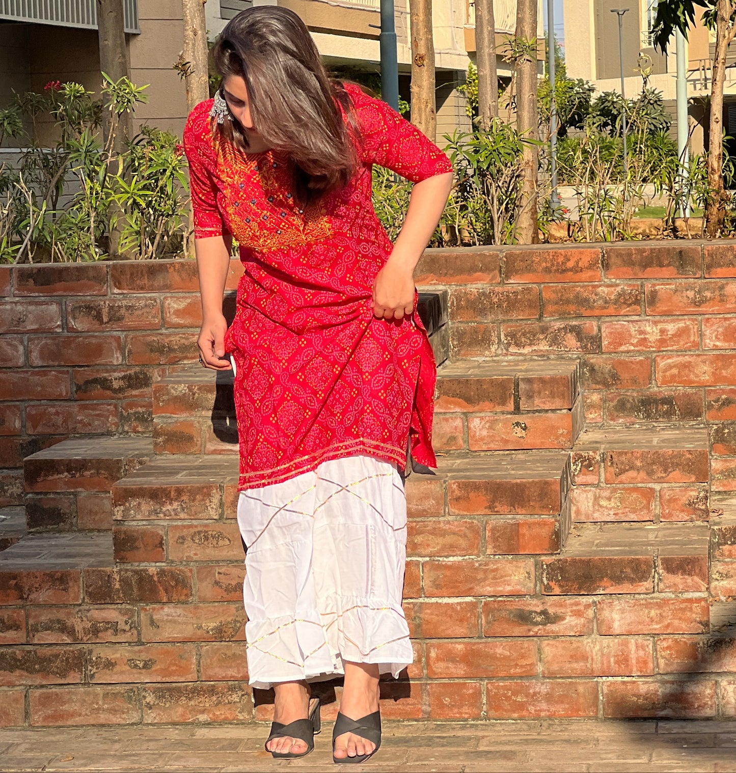 Red Embroidered Rayon Kurti Set with White Sharara