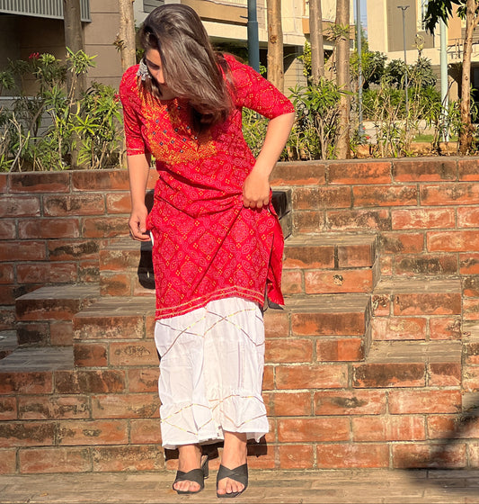 Red Embroidered Rayon Kurti Set with White Sharara