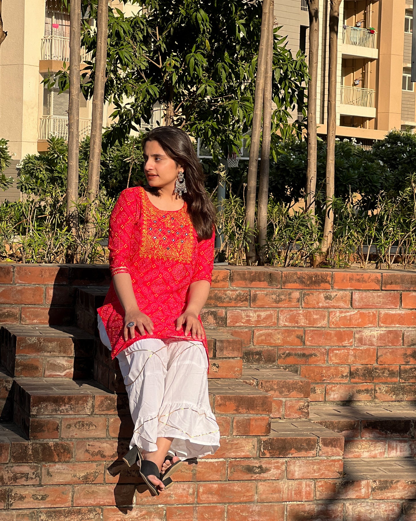 Red Embroidered Rayon Kurti Set with White Sharara