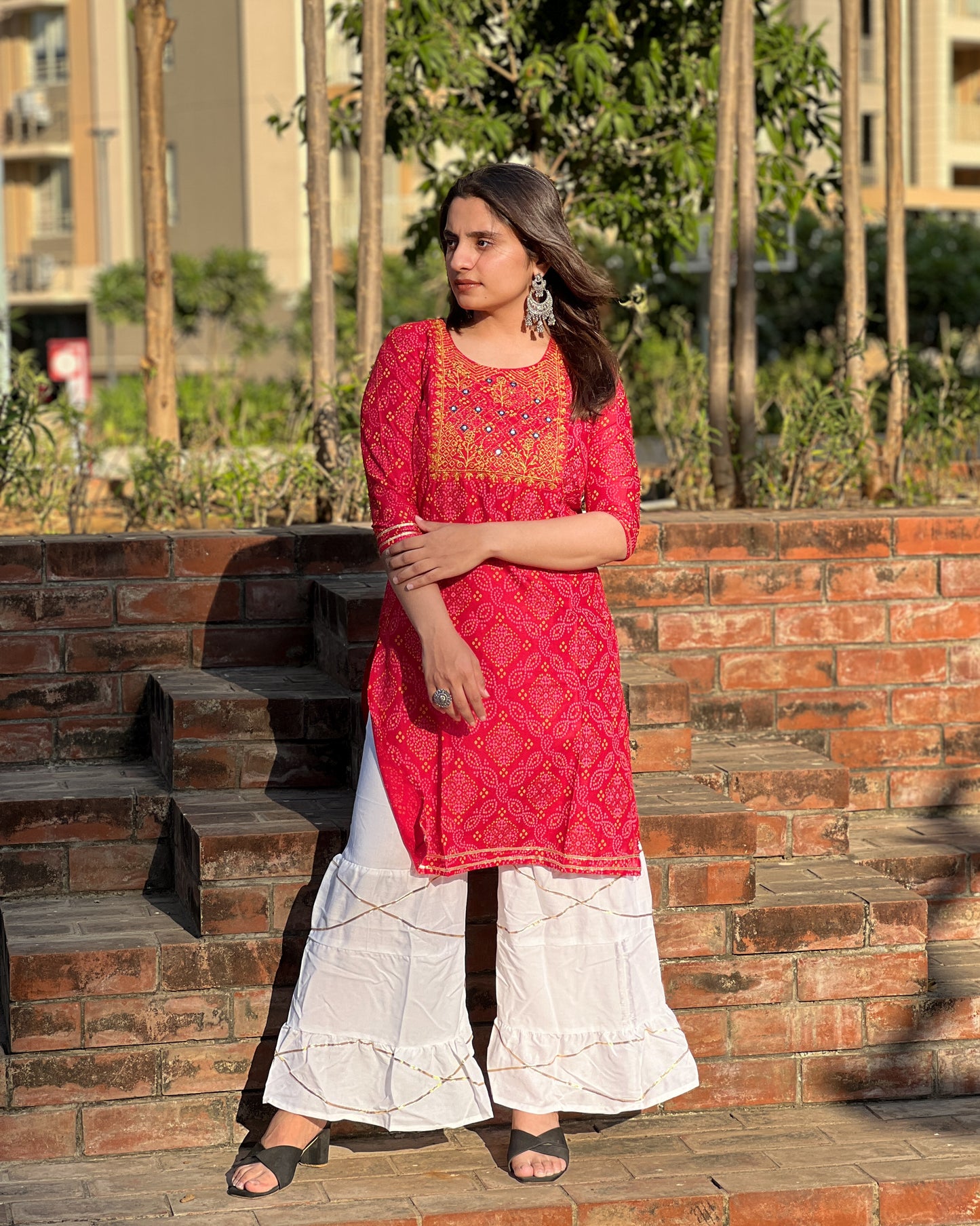 Red Embroidered Rayon Kurti Set with White Sharara